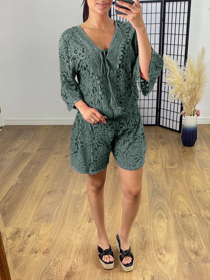 🏆LETZTER VERKAUFSTAG 50% RABATT -💖Lässiger kurzer Spitzenanzug mit V-Ausschnitt