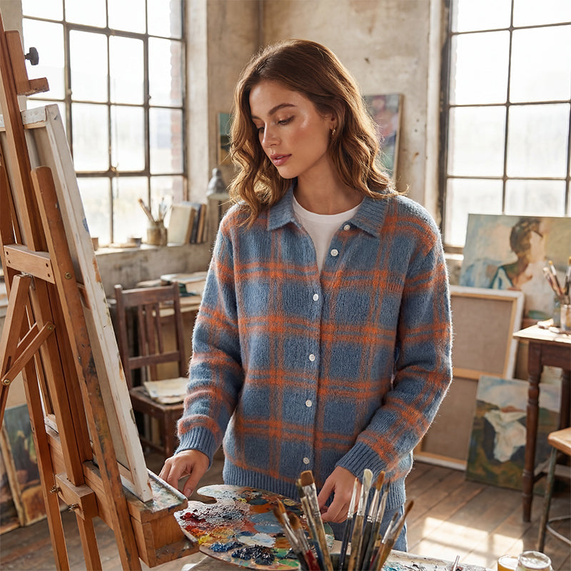 ✨️LETZTER TAG - 60% RABATT✨️ Karierte Damen-Strickjacke mit Knopfleiste