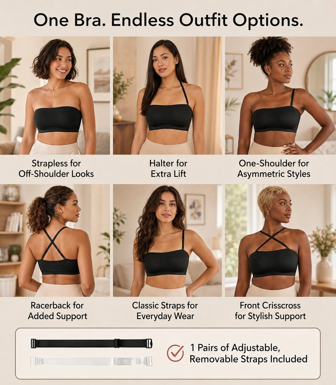 Anti-Slip Grip &amp; Removable Straps✨Convertible Strapless Bandeau Bra with Wireless Comfort👍Suitable for All Body Types