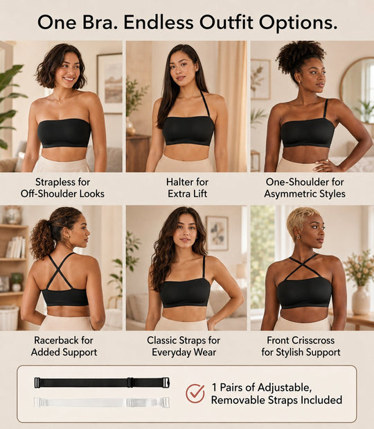 Anti-Slip Grip &amp; Removable Straps✨Convertible Strapless Bandeau Bra with Wireless Comfort👍Suitable for All Body Types