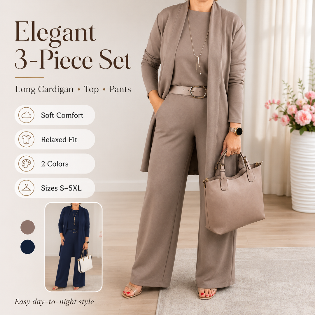 New Arrival✨3-Piece Set with Short Sleeve Top, Wide-Leg Pants &amp; Long Cardigan – Effortless Layered Style