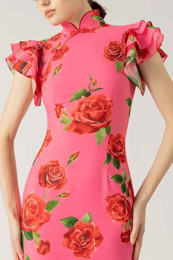 🎉Hot offer: 51% OFF!🥳 Cheongsam-style maxi dress with rose petal print, tiered flounce sleeves and stretch fabric.