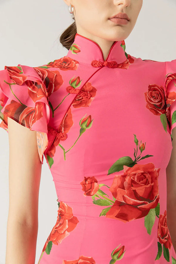🎉Hot offer: 51% OFF!🥳 Cheongsam-style maxi dress with rose petal print, tiered flounce sleeves and stretch fabric.