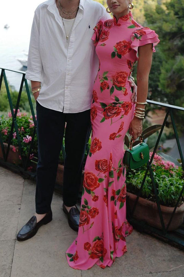 🎉Hot offer: 51% OFF!🥳 Cheongsam-style maxi dress with rose petal print, tiered flounce sleeves and stretch fabric.