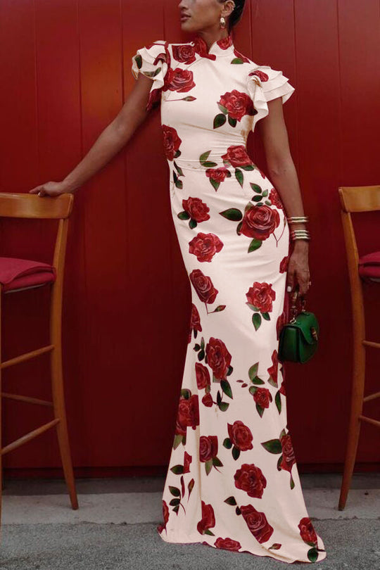 🎉Hot offer: 51% OFF!🥳 Cheongsam-style maxi dress with rose petal print, tiered flounce sleeves and stretch fabric.