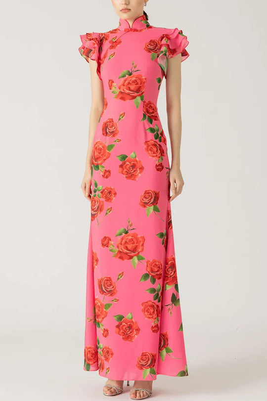 🎉Hot offer: 51% OFF!🥳 Cheongsam-style maxi dress with rose petal print, tiered flounce sleeves and stretch fabric.