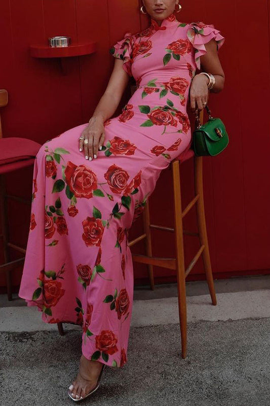 🎉Heiße Aktion: 51 % RABATT!🥳 Cheongsam-Stil Maxikleid mit Rosenblüten-Print, gestuften Volantärmeln und Stretch-Stoff.