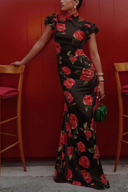 🎉Hot offer: 51% OFF!🥳 Cheongsam-style maxi dress with rose petal print, tiered flounce sleeves and stretch fabric.