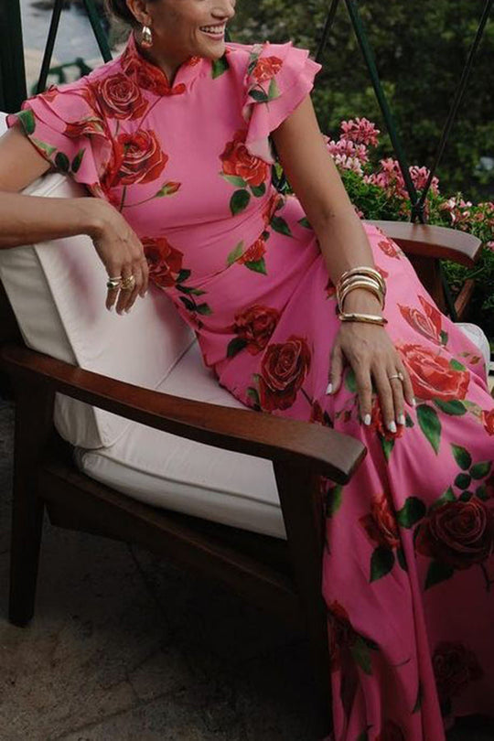 🎉Hot offer: 51% OFF!🥳 Cheongsam-style maxi dress with rose petal print, tiered flounce sleeves and stretch fabric.