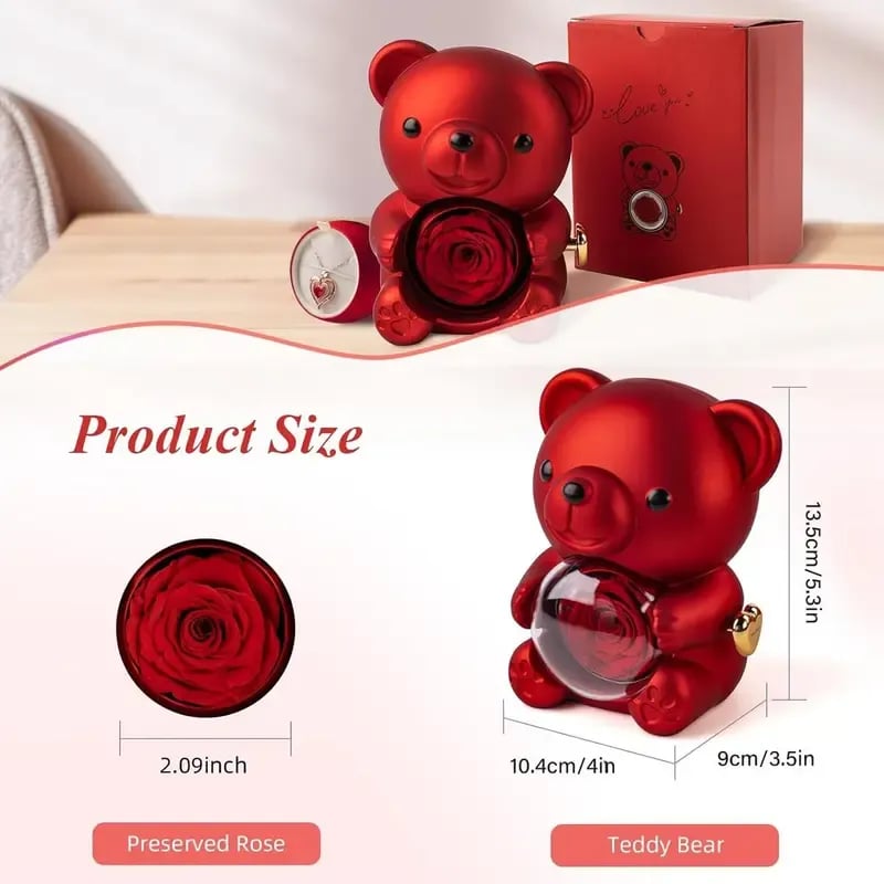🎁Cute Teddy Bear with Preserved Rose-Necklace Included