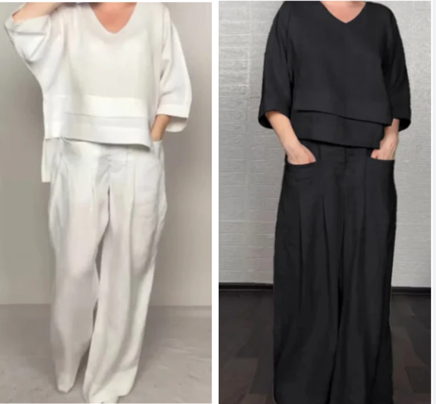 💎 2-teiliges Set aus Baumwoll-Leinen mit unregelmäßigem Saum – V-Ausschnitt-Oberteil + Weitbein-Hose, atmungsaktiv &amp; mühelos stilvoll 🍂👚