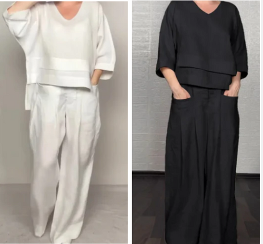 💎 2-teiliges Set aus Baumwoll-Leinen mit unregelmäßigem Saum – V-Ausschnitt-Oberteil + Weitbein-Hose, atmungsaktiv &amp; mühelos stilvoll 🍂👚