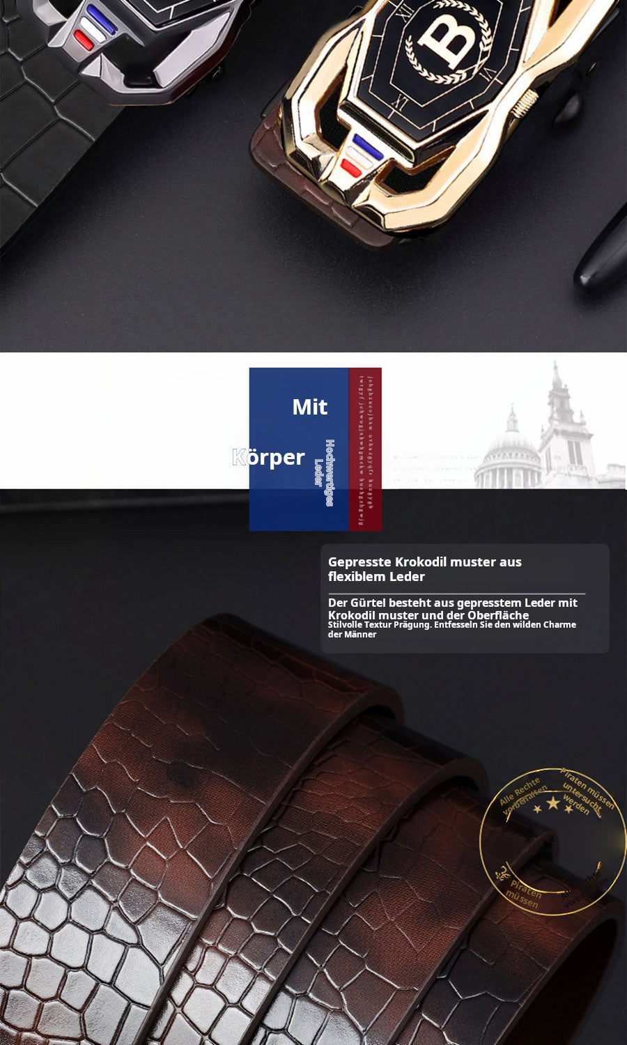 🐊Ledergürtel für Herren mit edlem Krokodilleder-Muster, mit automatischer Schnalle und aus Rindsleder gefertigt.