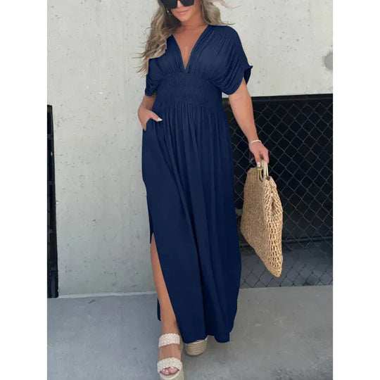 VENTE CHAUDE 💗 ROBE LONGUE FENTE À COL EN V SANS EFFORT