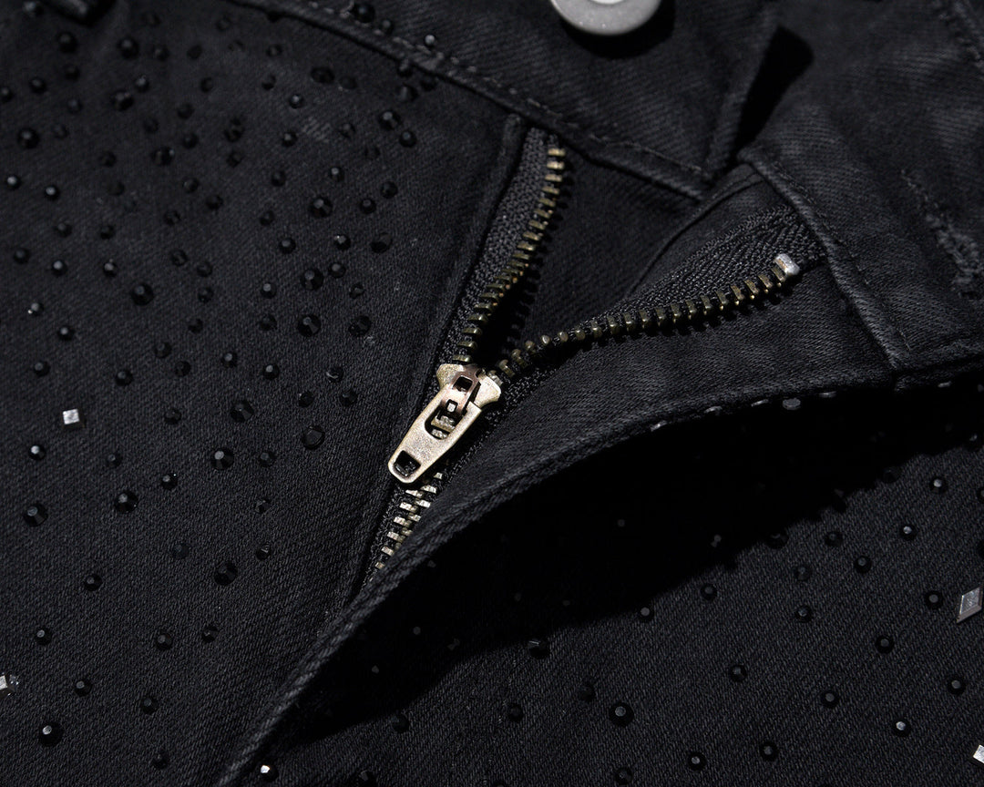 Rhinestone Embellished Slim-Fit Black Denim Jeans