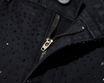 Rhinestone Embellished Slim-Fit Black Denim Jeans