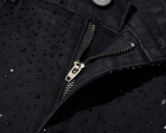 Rhinestone Embellished Slim-Fit Black Denim Jeans