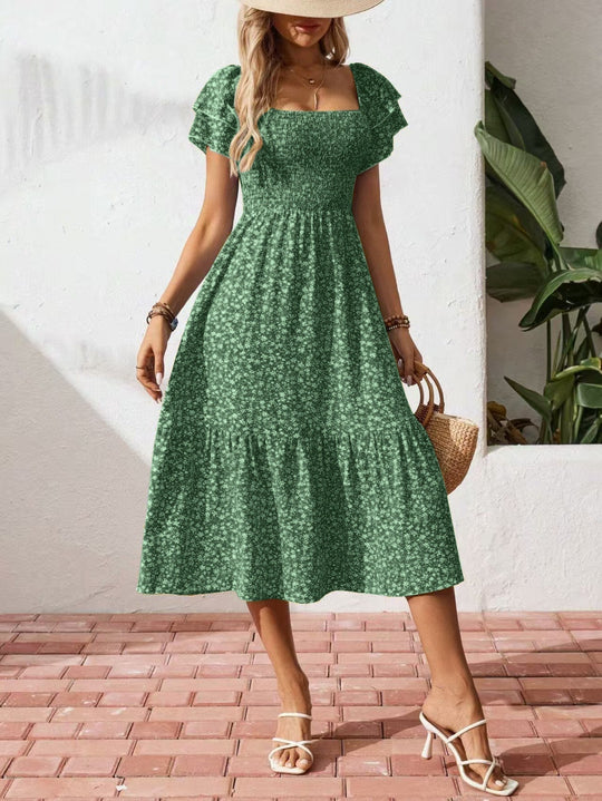 🌈2026 Summer Hot Sale 50% OFF!✨Square Neck Floral Midi Dress – Smocked Bodice, Flowy Tiered Skirt, Romantic 🌸
