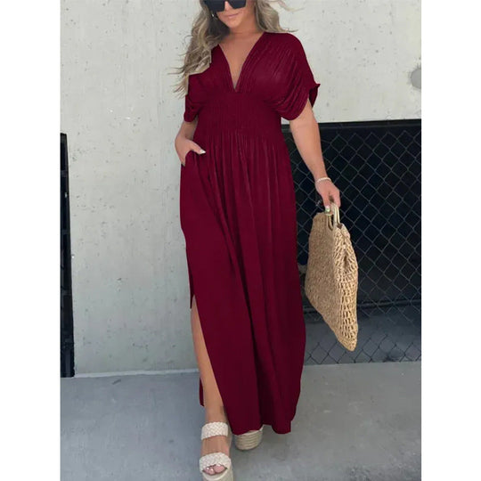 VENTE CHAUDE 💗 ROBE LONGUE FENTE À COL EN V SANS EFFORT