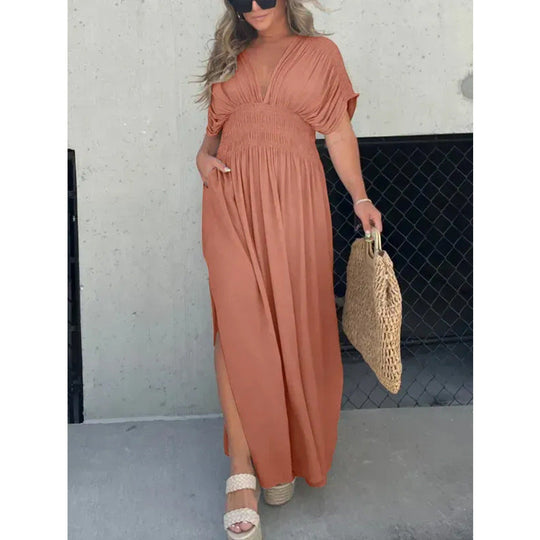 VENTE CHAUDE 💗 ROBE LONGUE FENTE À COL EN V SANS EFFORT