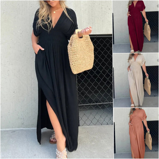 VENTE CHAUDE 💗 ROBE LONGUE FENTE À COL EN V SANS EFFORT