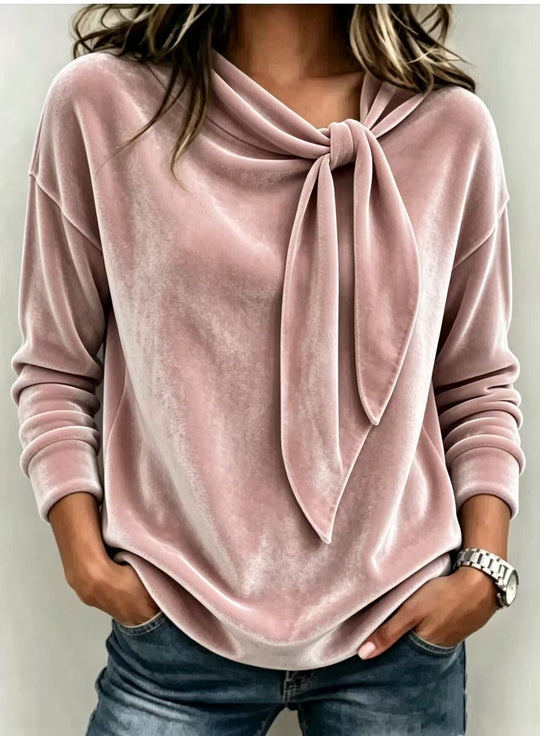 Fall Women Velvet Bow Tie Neck Long Sleeve Top