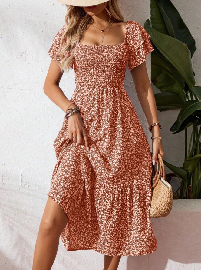 🌈2026 Summer Hot Sale 50% OFF!✨Square Neck Floral Midi Dress – Smocked Bodice, Flowy Tiered Skirt, Romantic 🌸
