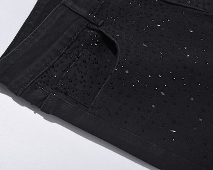 Rhinestone Embellished Slim-Fit Black Denim Jeans