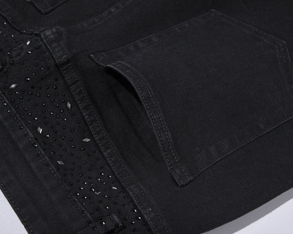 Rhinestone Embellished Slim-Fit Black Denim Jeans