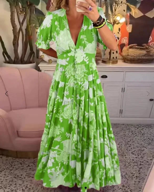 Antisaisonale Förderung💃 Lässiges Maxikleid mit V-Ausschnitt und Blumenmuster