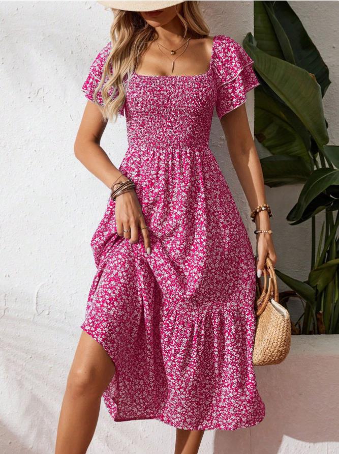 🌈2026 Summer Hot Sale 50% OFF!✨Square Neck Floral Midi Dress – Smocked Bodice, Flowy Tiered Skirt, Romantic 🌸