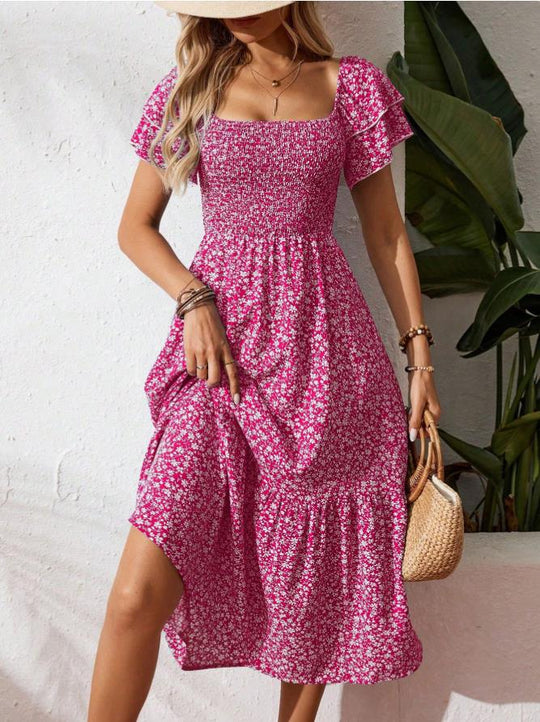 🌈2026 Summer Hot Sale 50% OFF!✨Square Neck Floral Midi Dress – Smocked Bodice, Flowy Tiered Skirt, Romantic 🌸