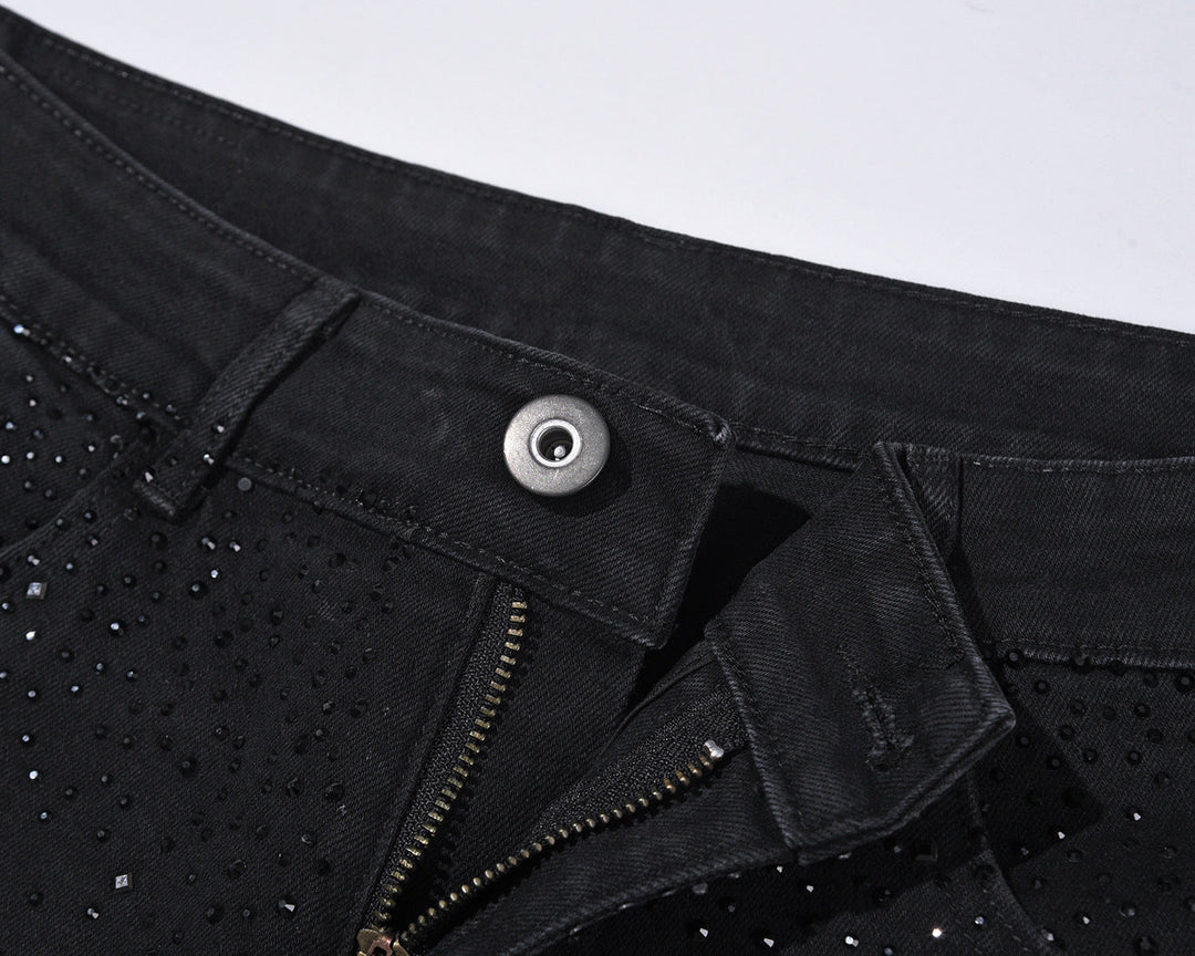 Rhinestone Embellished Slim-Fit Black Denim Jeans
