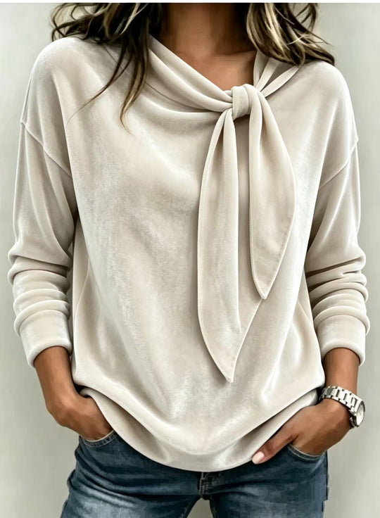 Fall Women Velvet Bow Tie Neck Long Sleeve Top