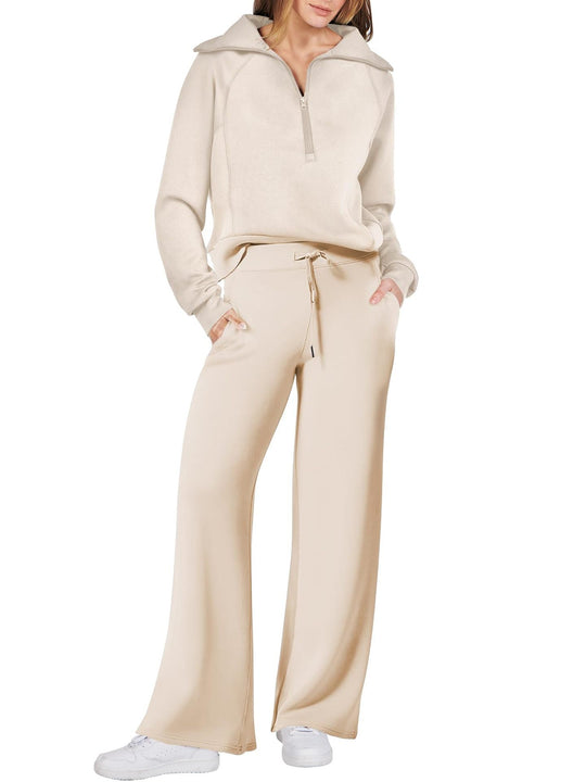 💝🔥Zeitlich begrenzter Sale – 50 % Rabatt🔥Damen-Loungeset aus 2 Teilen mit Oversize-Schnitt, halbem Reißverschluss und weitem Bein