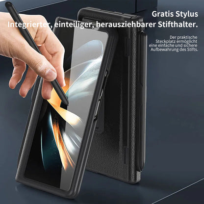 Rundumschutz-Lederhülle mit Ständer und Scharnierabdeckung für Samsung Galaxy Z Fold 6/5/4/3 - Gratis Stylus