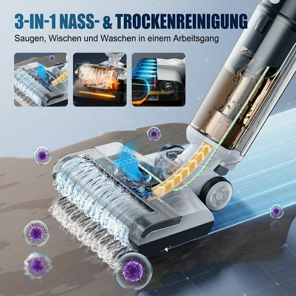 🧹 3-IN-1-NASS-TROCKENSAUGER – Saugen, Wischen &amp; Waschen in einem Schritt • Elektrolytische Sterilisierung • Automatische Selbstreinigung