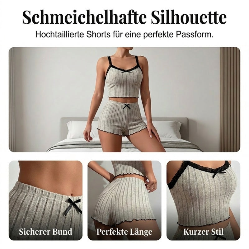 Damen Pyjama-Set aus Strick: Geripptes Top und Shorts