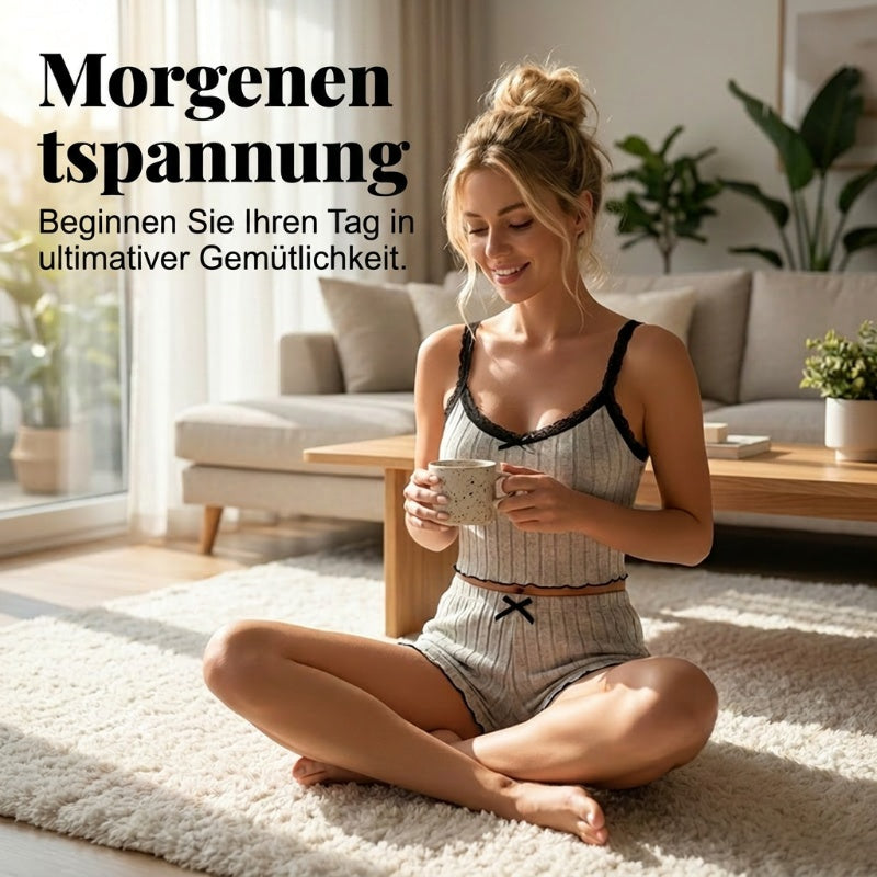 Damen Pyjama-Set aus Strick: Geripptes Top und Shorts