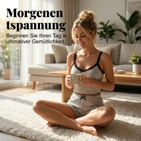 Damen Pyjama-Set aus Strick: Geripptes Top und Shorts