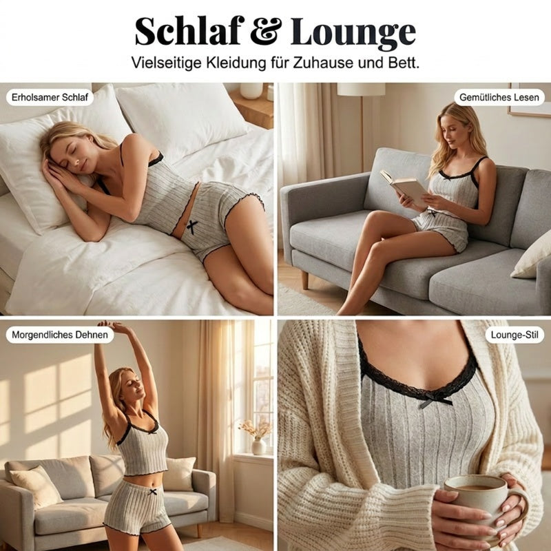 Damen Pyjama-Set aus Strick: Geripptes Top und Shorts