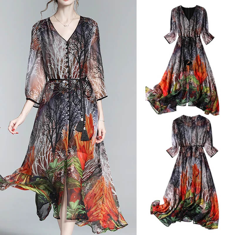 Vestido suelto, elegante y mediano con patrón de impresión en gran tamaño