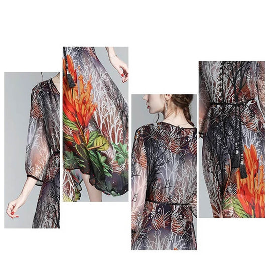 Vestido suelto, elegante y mediano con patrón de impresión en gran tamaño