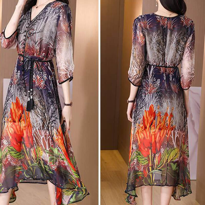 Vestido suelto, elegante y mediano con patrón de impresión en gran tamaño