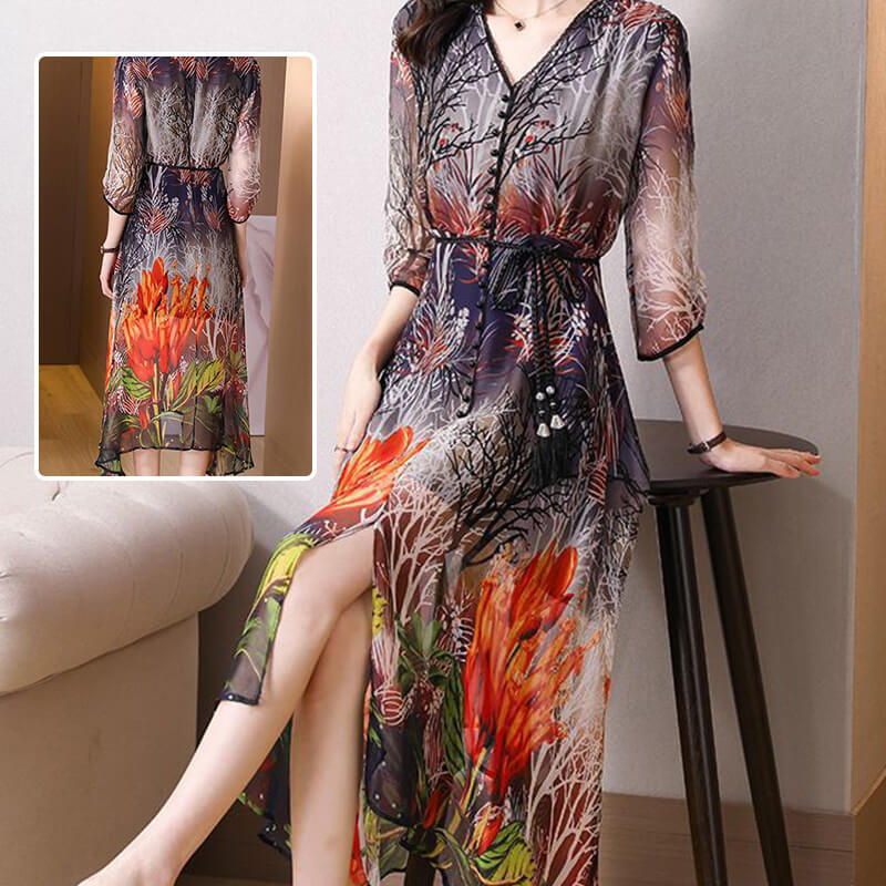 Vestido suelto, elegante y mediano con patrón de impresión en gran tamaño