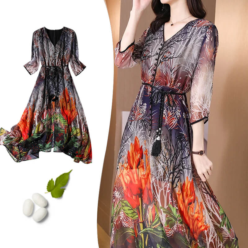 Vestido suelto, elegante y mediano con patrón de impresión en gran tamaño