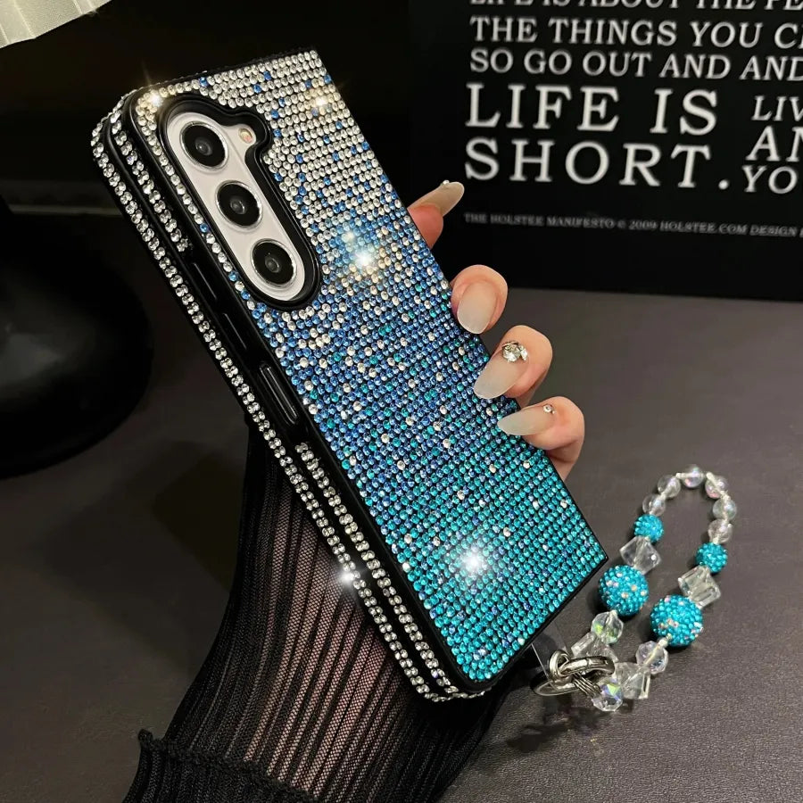✨💎Custodia protettiva di lusso con finitura lucida e diamanti per la serie Samsung Z Fold (inclusa catenina per telefono gratuita)