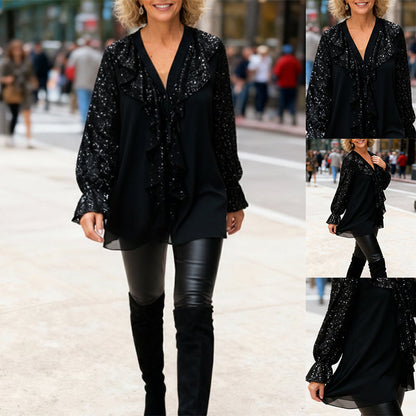 🎅 Festliche Vorratssale💥💃Langärmliges Chiffon-Shirt mit V-Ausschnitt und Pailletten für Damen🎁