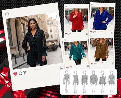 🎅 Festliche Vorratssale💥💃Langärmliges Chiffon-Shirt mit V-Ausschnitt und Pailletten für Damen🎁