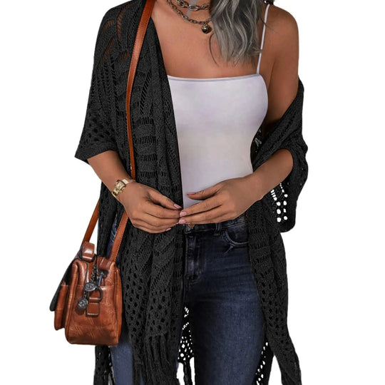 🥳2026 HOT SALE🥳💞50K+ SOLD!🌸☀️ 50% OFF – Just £19.99! Oversized Knit Cardigan – Lightweight crochet tassel kimono for spring &amp; summer. Breathable viscose‑nylon blend – no itch, no cling – layer over anything! 🧶✨